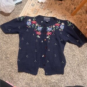 Floral Embroidered Navy Cardigan cottage core